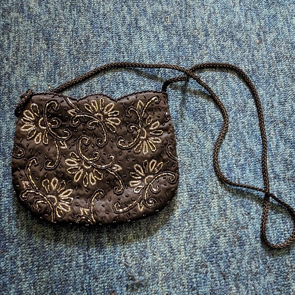 VINTAGE BLACK BEADED EVENING BAG PURSE WITH STRAP